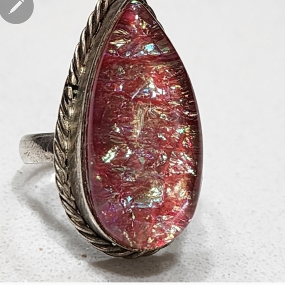 Stunning Sterling Silver Pink Dragon Breath Opal Teardrop Ring Sz 8.5 Cocktail - Picture 7 of 9